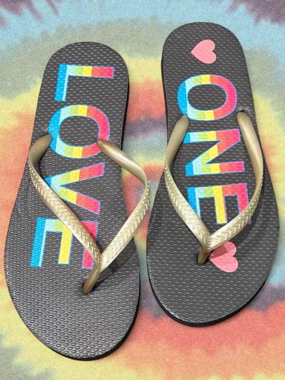 "LOVE ONE" Rainbow Flip Flops with Gold Straps - Size 8